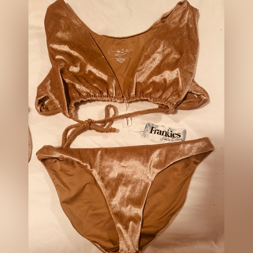 Frankie’s bikinis Tan Velvet Bikini Set large top small bottom